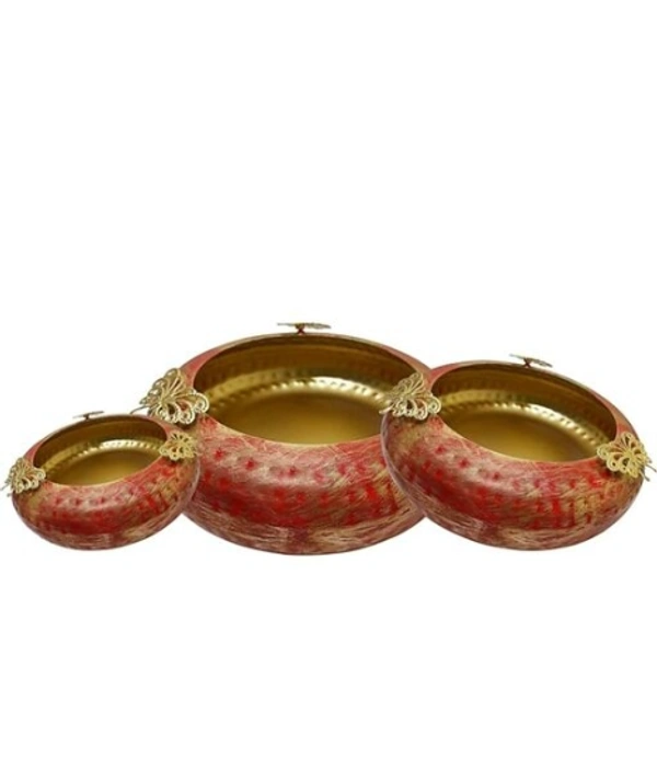  Handmade Designer Red color Bowl Set Urli For Flower  Fotting  - Red, Metal, Pack of 3